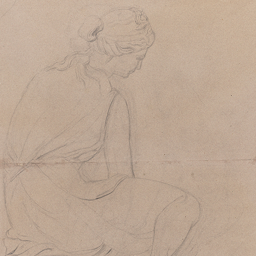 Drawing of a female figure, seated, identified as a study of the sculpture known as 'Nymph with a Shell'. The figure is seen from behind, and faces to the right. She is dressed in a simple garment, which is tied at the waist and falls open to expose the her bare right leg and foot. Her hair is braided around her head and knotted, leaving a few loose tendrils hanging behind. The sheet was once folded along its centre, and a tear along the fold line has since been repaired. Made by Joseph Wright of Derby (1734 - 1797), c. 1768 - 69. Pencil on brown laid paper. Displayed in a cream window mount.