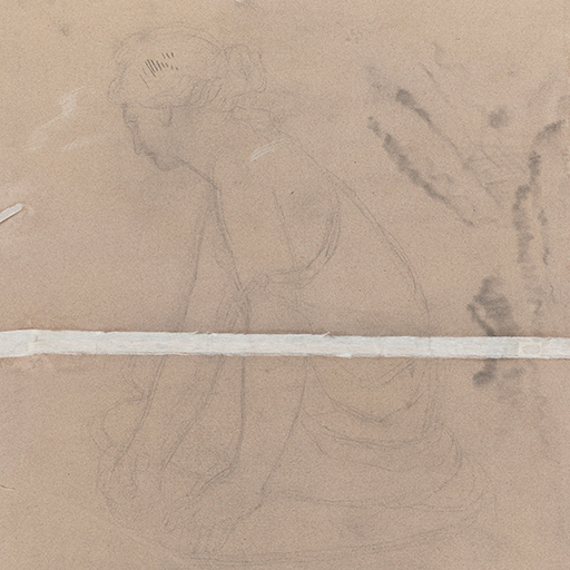 Drawing of a female figure, seated, identified as a study after the sculpture known as 'Nymph with a Shell'. The figure is viewed from the side and faces left. She is seated on a low plinth and handles a sea shell. She is dressed in a simple garment, which is tied at the waist and falls from her left shoulder. Her hair is braided around her head and knotted behind. Inscribed to the lower left of the sheet (handwritten in pencil) is Derby Museums' accession number. The sheet is creased across its centre and repairs to an historic tear along the fold line are visible. The item's Derby Museums accession number is handwritten in pencil in the lower left corner of the sheet. Made by Joseph Wright of Derby (1734 - 1797), c. 1769. Pencil on brown laid paper. Displayed in a cream window mount.