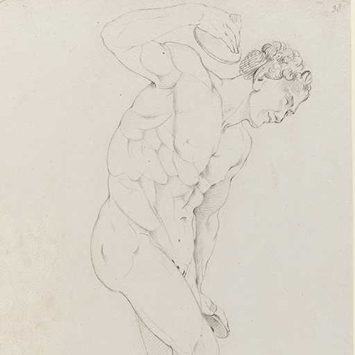 Drawing of a nude male figure, dancing, identified as a study of the 'Dancing Faun (or Satyr)', after a cast from the Antique sculpture at the Uffizi Gallery, Florence.The figure is seen in profile, and faces right. He plays cymbals and his right foot oprates a croupezion (footclapper). Inscribed on recto, along pedestal edge (handwritten in pencil): 'F. Academy April 15 - 74' and to upper right (handwritten in ink): '38'. Made by Joseph Wright of Derby (1734-1797), 1774. Pencil on paper. Displayed in a cream window mount.
