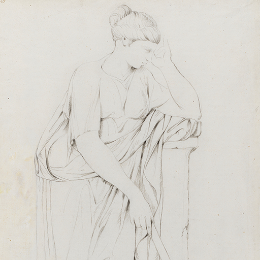 Drawing of a female figure, leaning on a plinth, identified as a study of the muse Urania, from the Roman sarcophagus of the Muses. She faces right, and rests her head on her left hand. In her right hand she holds a long object. At her feet is a globe. Inscribed on recto, on sphere (handwritten in pencil): 'J. W. March / 12..1774' and to top left (handwritten in ink): '35'. Made by Joseph Wright of Derby (1734-1797), 1774. Pencil and charcoal on laid paper. Displayed in a cream window mount.