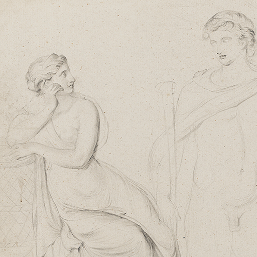 Drawing of a female figure, seated, and a nude male figure leading a horse, after an unidentified Antique sculpture. Made by Joseph Wright of Derby (1734-1797), c.1774-75. Pencil and charcoal on laid paper. Displayed in a cream window mount.
