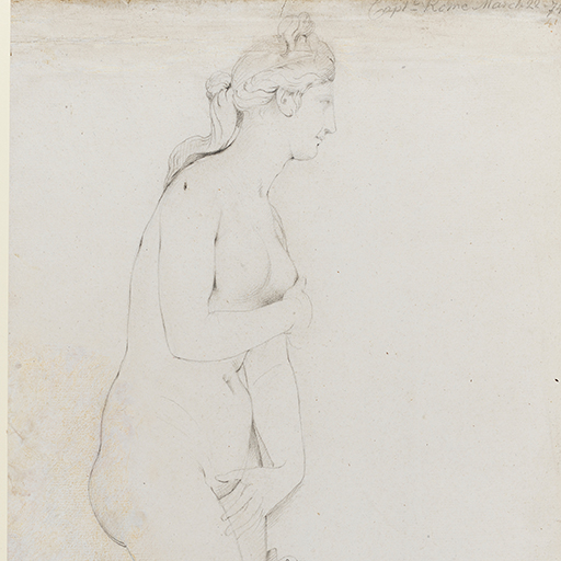 Drawing of a nude female figure, standing, identified as a study of the Roman sculpture of Venus in the Capitoline Museums in Rome. The view is a full length, in profile, facing right. She stands beside a decorative urn, upon which is draped a cloth. Inscribed on recto, to upper right (handwritten in pencil): 'Capl - Rome March 22 - 74' and below that (handwritten in ink): '41'. Made by Joseph Wright of Derby (1734 - 1797), 1774. Pencil and charcoal on laid paper. Displayed in a cream window mount.