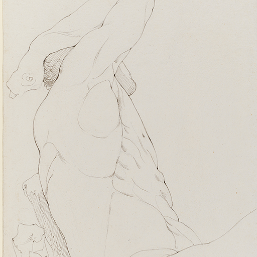 Drawing of a firework display at night, identified as a view of the 'Girandola' in Rome. The view shows rockets flying from the Castel Sant'Angelo, Rome, with the dome of Saint Peter's beyond and a burst of sparks to the right. A monumental column is visible to the left of the scene, its top obscured by smoke. Inscribed on recto, to top left left (handwritten in ink): 'JW Rome June 4 - 1774'. Made by Joseph Wright of Derby (1734 - 1797), 1774. Pen and brown ink with sepia wash on paper. Displayed in a cream window mount.