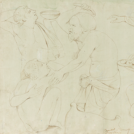 Drawing of male and female figures, identified as a study of a relief on an ancient Greek sarcophagus depicting the 'Education of the Infant Dionysus', in the Capitoline Museums, Rome. The drawing combines two separate parts of the long relief: on the left, taken from the centre of the relief, Silenus (facing left) raises a strap to hit the young Dionysus, whose right shoulder he holds. Behind, a satyr with an animal skin over shoulder, raises a bowl. On the right, taken from the extreme right end of the sarcophagus, a female figure is crouching and holding out a bowl of fruit as if to tempt the infant Dionysus (omitted by Wright), whilst a standing female figure behind her reaches her right arm out. Inscribed on recto, to lower centre (handwritten in ink): 'Capitol / May 31st - 74' and to upper left (handwritten in ink): '24'. Made by Joseph Wright of Derby (1734 - 1797), 1774. Pen and ink on light green washed paper. Displayed in a cream window mount.