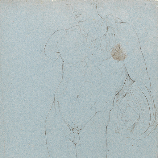 Drawing of a nude male figure, standing, identified as a study of the Roman marble sculpture known as the 'Belvedere Hermes' in the Museo Pio-Clementino (part of the Vatican Collections), Rome. The figure is almost full length and turns slightly to the left with his hips pushed forward. Both his right arm and left hand are missing. A piece of cloth is draped on his left shoulder and over his left forearm. Inscribed on recto, lower left (handwritten in ink): 'Pope's Museum May 16 - 75' and to lower right (handwritten in ink): '18'. The sheet has been trimmed along the top and bottom. Made by Joseph Wright of Derby (1734 - 1797), 1775. Pen and ink over pencil on light blue paper. Displayed within a cream window mount.