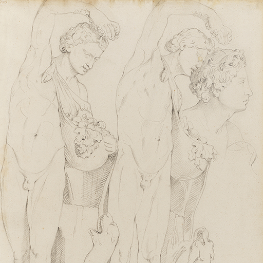 Drawing of a nude male figure with a panther, seen from two slightly different angles, and a male head seen in profile, facing right. Identified as a study of a sculpture of 'Dionysus with Panther' and a study of the head of 'Ganymede' from a cast of the Roman sculpture 'Ganymede and the Eagle', in The Uffizi (formerly in the Villa Medici, Rome). Inscribed on the recto, along the edge of the pedestal (handwritten in pencil): 'F - Academy April 20 - 74' and to top left (handwritten in ink): '200'. Made by Joseph Wright of Derby (1734 - 1797), 1774. Pencil on paper. Displayed in a cream window mount.