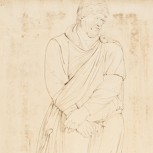 Drawing of a male figure, standing, with his hands clasped. It is a study of an unidentified ancient sculpture or cast. The figure wears a beard and moustache. His dress consists of layered garments tied at the waist. His right hand clasps his left before him. Around his left arm is a sash, which runs from a round broach at his right shoulder, and down around his arm in  the manner of a sling. Inscribed on recto, along pedestal edge (handwritten in ink): 'French Acady. 1st April 75-'  and to upper right (handwritten in ink): '84'. An historic fold line runs across the drawing 65 mm up from the bottom edge of the sheet. Made by Joseph Wright of Derby (1734 - 1797), 1775. Pen and ink and brown wash, over pencil on laid paper. Displayed in a cream window mount.