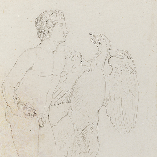 Drawing of a nude male figure with an eagle, identified as a study of a cast of a Roman sculpture known as 'Ganymede with the Eagle', in The Uffizi, Florence. The view is of the figure in profile, facing right. Inscribed on recto, along pedestal edge (handwritten in pencil): 'F Academy Rome 18 April 74' and to upper right (handwritten in ink): '42'. Made by Joseph Wright of Derby (1734 - 1797), 1774. Pencil and charcoal on laid paper. Displayed in a cream window mount.
