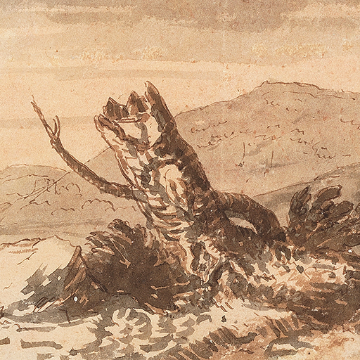 Drawing of a tree stump within a landscape. The tree stump emerges from an incline. View of distant hills beyond. Made by Joseph Wright of Derby (1734 - 1797), c.1784 - 86. Pen and ink and ink wash on paper. Displayed in a cream window mount.