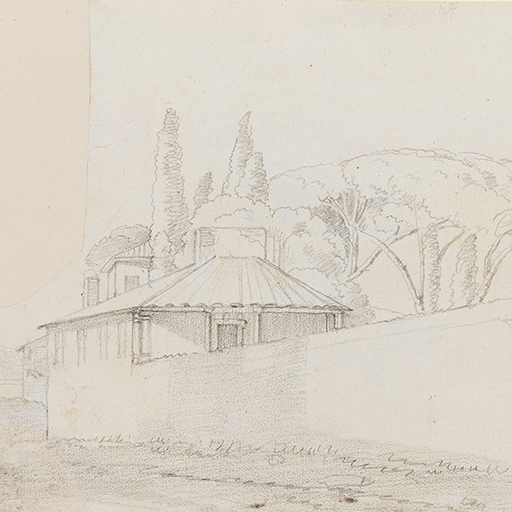 Drawing of a settlement with a view of a villa behind a wall, cypress trees and umbrella pines beyond. Inscribed on recto, to top right (handwritten in pencil): '19'. A piece of the sheet has been cut from the top left corner and repaired. Made by Joseph Wright of Derby (1734 - 1797), 1773-1775. Pencil on paper. Displayed in a cream window mount.