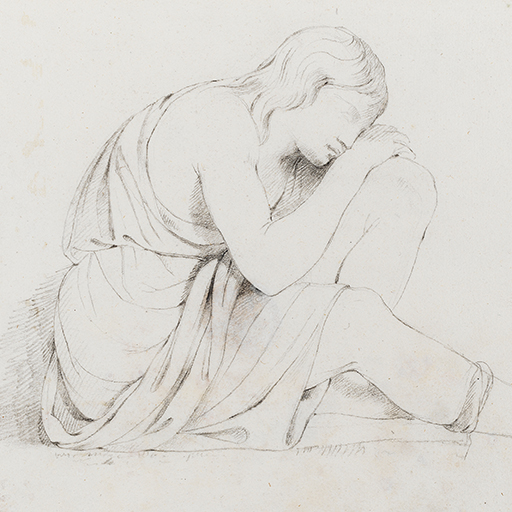 Drawing of a young woman seated, facing right, with her head on her knee. Identified as a study of the figure of an 'Amazon' from a Roman sarcophagus in the Capitoline Museums, Rome. Inscribed on recto, to top right (handwritten in ink): '111'. Made by Joseph Wright of Derby (1734 - 1797), c. 1774-5. Pencil and charcoal on white laid paper. Displayed in a cream window mount.