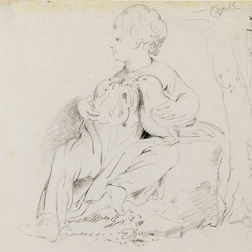 Drawing of two figures, the upper one being a child seated with a bird, the lower being a woman seated with a vessel in her lap. The latter identified as a study of the Hellenistic sculpture known as the 'Drunk Old Woman', in the Capitoline Museums, Rome. Inscribed on recto, to top right (handwritten in ink): '247' and to left of this (handwritten in pencil): 'Caple'. Made by Joseph Wright of Derby (1734 - 1797), 1774. Pencil and charcoal on paper. Displayed in a cream window mount.