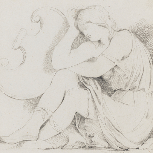 Drawing of a young woman seated, facing left, with her head on her hand. Identified as a study of the figure of an 'Amazon' from a Roman sarcophagus in the Capitoline Museums, Rome. Inscribed on recto, to top left (handwritten in ink): '110'. Made by Joseph Wright of Derby (1734 - 1797), c. 1774-5. Pencil and charcoal on paper. Displayed in a cream window mount.