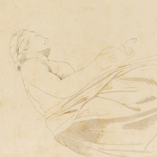 Drawing of a female figure, standing, after an unidentified Antique sculpture. The figure is leaning to the right with a raised foot, possibly pouring something. Inscribed on recto, to top right (handwritten in ink): '239'. Made by Joseph Wright (1734 - 1797), 1774. Pencil and charcoal and grey wash on paper. Displayed in a cream window mount.