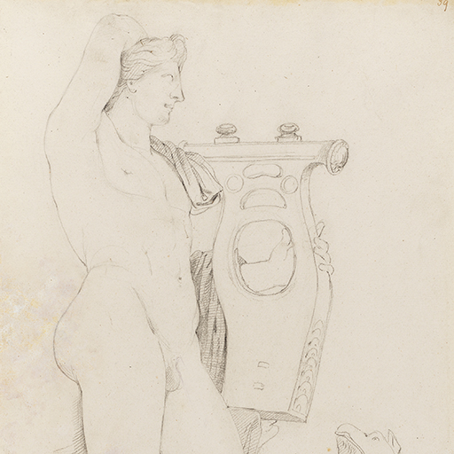 Drawing of a nude male figure holding a lyre, with a griffin to his left; identified as a study of a Roman sculpture (after an early Hellenistic original), known as 'Apollo with Lyre and Griffin', which is at the Capitoline Museums in Rome. Inscribed on recto, to top right (handwritten in ink): '39' and on the pedestal (handwritten in pencil): 'Caple_ Rome March 23 - 74'. Made by Joseph Wright of Derby (1734-1797), 1774. Pencil and charcoal on paper. Displayed in a cream window mount.