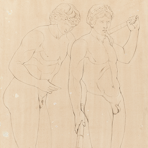 Drawing of two nude male figures, one brandishing two torches, identified as a study of a cast of a Roman sculpture of 'Castor and Pollux'. The figures where laurels in their hair. The figure on the right holds a torch on his shoulder and places another, flaming, torch to an altar decorated with floral wreaths. The left figure leans on the right figure and his face is turned downwards. Inscribed on recto, to bottom right (handwritten in ink): 'French Acady. 31 March / 75' and on capitol (handwritten in ink): 'Castor & Pollux - '. Made by Joseph Wright of Derby (1734-1797), 1775. Pen and ink over pencil on paper. Displayed in a cream window mount.