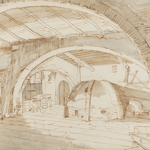 Drawing of the interior of a glass house, with a domed furnace to the right, and low, vaulted ceiling. The room houses numerous items associated with glass-making, including glass pipes, a hand shovel, and a variety of troughs and trays. Made by Joseph Wright of Derby (1734-1797), c.1770-1775. Pen and ink and grey wash on paper. Displayed in a cream window mount.