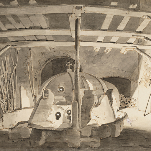 Drawing of the interior of a glass house, with a domed furnace at its centre, surrounded by wooden beams and supports. To the left, a staircase leads upwards, and a bundle of loose sticks stands propped against the wall. Behind the furnace, two arched openings can be seen, the left of which appears to to have an 'arrow-slit' window. The right arch is filled with logs for the furnace. To the far right of the scene, a stick is propped against a wall and, next to this, a long, low trough. Made by Joseph Wright of Derby (1734-1797), c.1770-1775. Pen and ink and grey wash on paper. Displayed in a cream window mount.