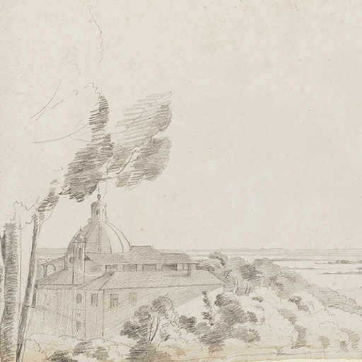 Drawing of a landscape with a domed building and trees to the left. Inscribed on recto, to top left (handwritten in ink): '42' and to top right (handwritten in pencil): 'Villa Molena / June 5 - 75'. Made by Joseph Wright of Derby (1734 - 1797), 1775. Pencil on paper. Displayed in a cream window mount.
