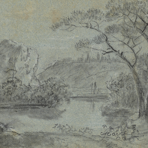 Drawing of a landscape with a lake or river, surrounded by cliffs and high ground. Tall trees, perhaps cypresses, occupy a hill in the distance. To the left is a rock face. The outline of what may be the moon appears through the tree's branches. There is a landscape study on the verso of this sheet. Made by Joseph Wright of Derby (1734-1797), c.1780-1781, black and white chalk and wash on blue-green paper.