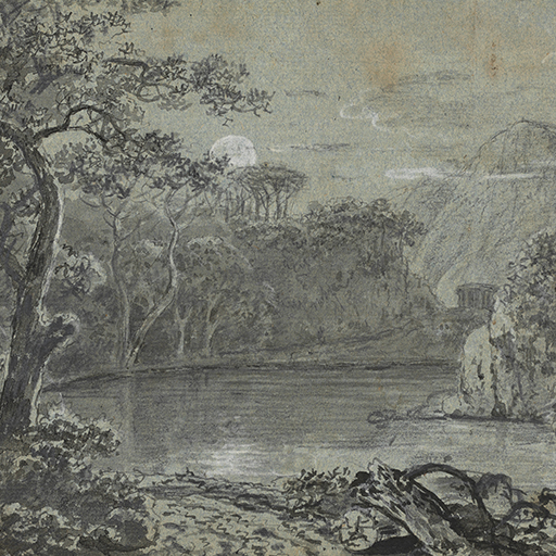 Drawing of a landscape with a lake or river, surrounded by cliffs and high ground. A circular collonaded building can be seen in the middle distance. The moon(?) rises behind some trees to the left of centre. There is a landscape study on the other side of this sheet. Made by Joseph Wright of Derby (1734-1797), c.1780-1781, pen and ink and ink wash over pencil with white chalk on blue-green paper.