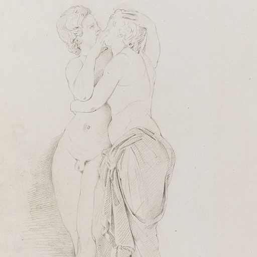 Drawing of two semi-nude figures embracing, identified as a study of a Roman sculpture known as 'Cupid and Psyche', which is a copy of an earlier, Hellenistic sculpture. The sculpture on which this study is based is in the Capitoline Museums in Rome. Inscribed on recto, along pedestal (handwritten pencil): 'Caple Rome 23 - 74' and to top right (handwritten in ink): '40'. Made by Joseph Wright of Derby (1734-1797), 1774. Pencil and charcoal on laid paper. Displayed in a cream window mount.