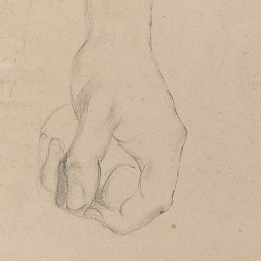 Drawing of two hands, one holding a 'stump', the other leaning on a piece of cloth(?). Made by Joseph Wright of Derby (1734-1797), c.1753-1754. Charcoal and white chalk on tan paper. Displayed in a cream window mount.
