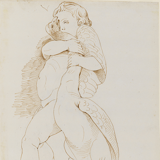 Drawing of a nude, male child with a goose, identified as a study of the Roman sculpture known as 'A Child Strangling a Goose', which is in the Capitoline Museums in Rome. Inscribed on recto, to lower right (handwritten in ink): 'Caple. May 20 / 74 - '. Made by Joseph Wright of Derby (1734-1797), 1774. Pen and ink over pencil on paper. Displayed in a cream window mount.