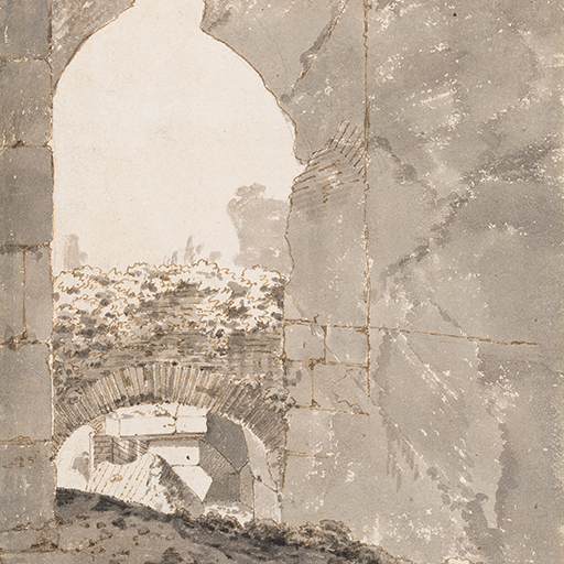Drawing of a view through a ruined archway looking out towards overgrown archways and walls. Inscribed on recto, to top left (handwritten in ink): '145'. Small loss to sheet at lower left. Made by Joseph Wright of Derby (1734 - 1797), 1774-1775. Pen, ink and grey ink wash over pencil on paper. Displayed in a cream window mount.