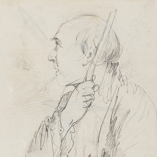 Drawing of a man in profile, facing left, holding a staff. His head is uncovered and mostly bald. He wears a loose-fitting garment that appears to be tied at the waist with a sash. Another, faint outline of the same profile is visible to the left. Inscribed on recto, to lower left (handwritten in pencil): '2' (circled). Made by Joseph Wright of Derby (1734-1797), c.1774. Pencil and charcoal on paper. Displayed in a cream window mount.