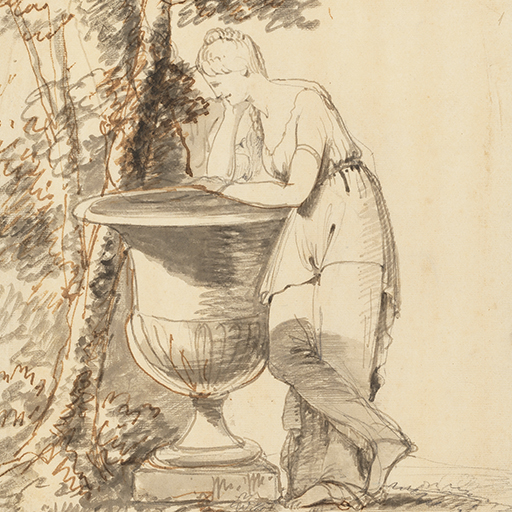 Drawing of a female figure leaning on an urn. She faces left and rests her head on her right hand. Her weight rests on her left leg; her right leg is hooked before her left leg, her feet bare. Her outfit comprises two garments: a long skirt and a separate top with short sleeves, belted at the waist. Behind and to the left of the urn is a tree. Inscribed on recto, to top right (handwritten in ink): '157'. Made by Joseph Wright of Derby (1734-1797), c.1775. Pencil, charcoal, and ink and ink wash on paper. Displayed in a cream window mount.