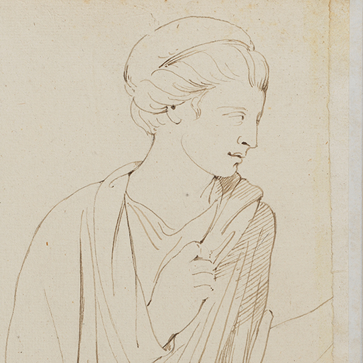 Drawing of a nude male figure, with the legs of a goat (a satyr), blowing a horn. He faces right and kneels on his left leg. Inscribed on recto, to top right (handwritten in ink): 'Lungara Octr. 1st. 74 108'. Made by Joseph Wright of Derby (1734-1797), 1774. Pen and ink over charcoal on paper.