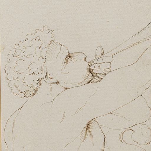 Drawing of male and female figures attending a child, identified as a study of a relief on an ancient Greek sarcophagus depicting the 'Education of the Infant Dionysus', in the Capitoline Museums, Rome. The drawing depicts a vignette from the extreme left of the sarcophagus, in which the infant Dionysus appears on a rock surrounded by male and female figures. To his left is a nymph who winds a fillet around his head. Below, a satyr fastens Dionysus's boot. Dionysus grasps a vine-stem held by Silenus, who appears to the lower right in this drawing, while a nymph extends her hand towards the child. On the verso is a drawing of a female figure, facing right, her left arm raised. Inscribed to upper left corner (handwritten in ink): '32' and to upper right (handwritten in ink): 'Capitol May 31st 7'. Made by Joseph Wright of Derby (1734 - 1797), c.1774-1775. Pen and ink and charcoal on paper. Displayed in a cream window mount.