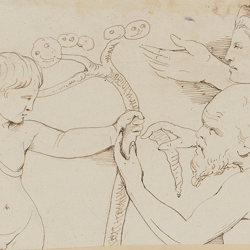 Drawing of a female figure, after an unidentified, Antique, source. The figure faces right and leans against a pedestal. Her left arm is raised and her legs are crossed. On the verso is a study of a group of men and women attending a child. Made by Joseph Wright of Derby (1734-1797), c.1774-1775. Pen and ink over faint charcoal on paper. Displayed in a cream window mount.