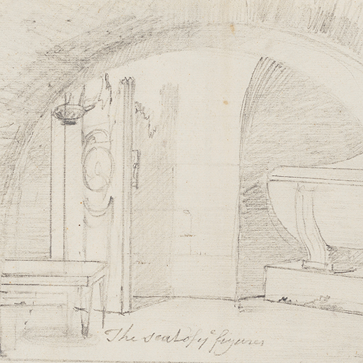 Drawing showing the interior of a tomb through an arch. To the left is a broken door, hanging lamp, and bench; to the right a large sarcophagus. An inscription (handwritten in pencil), on the floor of the tomb, reads 'The Seat of Ye figures' and (handwritten in ink), across bottom, '...perhaps the Niech[sic] wch. contains the Sarcophagus wd. be better removed a little more to the right, wch. wd. give a greater breadth of illuminated wall..'. Drawn by Joseph Wright of Derby (1734-1797), 1774. Pencil on paper.