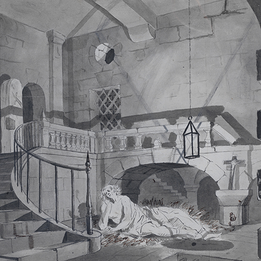 Drawing of the interior of a room, with the figure of a semi-nude man lying on the floor, his ankles shackled. Above him is a hanging lantern. Identified as a study for the now lost painting titled 'The Captive King', by Joseph Wright of Derby. Along the bottom edge of the drawing is a scale bar and, to the left and right, the vanishing points are marked. Inscribed below drawing (handwritten in ink): 'Scale of [illegible] Inches', and to left (handwritten in ink): 'vanishing / point / [?] Inches from mark', and to right (handwritten in ink): 'Horizontal / line' and 'vanishing / point'. On the verso is a letter. Made by Joseph Wright of Derby (1734-1797), or Peter Perez Burdett (1734-1793), c. 1772-73. Pen and ink and ink wash, with pencil, on paper. Displayed in a cream window mount.