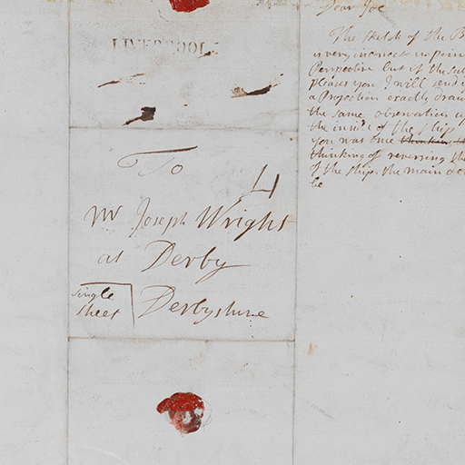 This is a letter written by Peter Perez Burdett (1934-1793), on the back/verso is a sketch, 'The Captive King' a working drawing by Joseph Wright (1734-1797) for a now lost painting 'Guy de Lusignan in Prison' (see DBYMU 1914-517/78A). The letter (handwritten in ink), is adressed to 'To Mr Joseph Wright at Derby, Derbyshire' also 'single sheet' and stamped 'Liverpool'. The inscription, top right hand corner, redas 'Dear Joe. The sketch of the barn is very incorrect in point of perspective but if the subject pleases you I will send you a projection exactly drawn the same observation upon the inside of the ship. You was once thinking of reversing the view of the ship, the main deck sd be...'. Inscribed on by Peter Perez Burdett (1934-1793), 1772, Ink on paper. Displayed in a cream window mount.