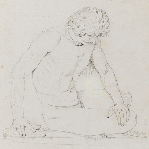 Drawing of nude male figure seated, identified as a study of the cast of the Roman sculpture (itself a copy of a lost Hellenistic bronze sculpture) called the 'Dying Gaul'. The figure is seated on the ground in a semi-recumbent position, turned slightly towards the right. He wears a torque around his neck. His head is bowed and he rests his left hand on his leg; his right hand resting on a rock for support. Inscribed on recto, to top left (handwritten in ink): '113' and to lower left (handwritten in pencil): 'F. Academy April 16th. 74'. Made by Joseph Wright of Derby (1734 - 1797), 1774. Pencil and charcoal on white laid paper. Displayed in a cream window mount.