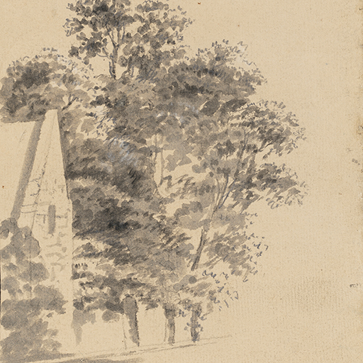 Drawing of the gable end wall of a house, surrounded by trees. The drawing takes up just over half of the sheet and is mostly confined to the left side. Made by Joseph Wright of Derby (1734-1797), 1774. Pencil, ink, charcoal, and white heightening on laid paper washed with watercolour. Displayed in a cream window mount.