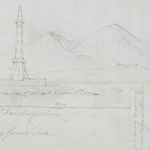 Drawing of a lighthouse on a quayside with mountains and a smoking volcano behind, identified as a study of the Mole Lighthouse, Naples, looking towards Portica and Mount Vesuvius beyond. Inscribed with the words: 'Sand', 'Bay', and 'Bay'. Also inscribed below the drawing (handwritten in pencil): 'For the picture / For my friend Tate -' and to right side of drawing (hadwritten in pencil): 'you may remove ye / Hermitage within the / line'. Made by Joseph Wright of Derby (1734-1797), c.1774. Pencil on paper. Displayed in a cream window mount.