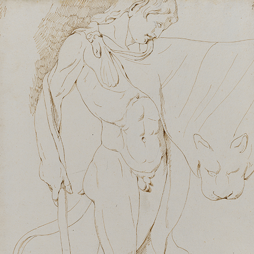 Drawing of a nude male figure, facing left, in a walking motion. Identified as a study of a figure from a relief showing a 'Bacchic Procession', after the Antique. His left arm is outstretched, upon which is draped a lion skin cape. This is clasped at his right shoulder. The tail of the skin and a paw trails behind him. Inscribed in the upper right hand corner (handwritten in ink): '98'. On the verso is a study of a nude female torso, after the Antique. Made by Joseph Wright of Derby (1734 - 1797), 1774. Pen and ink over pencil on laid paper. Displayed within a cream window mount.