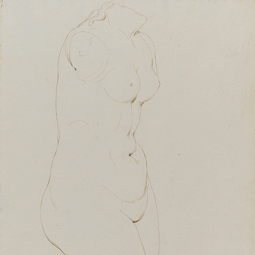 Drawing of a nude female torso and legs, facing right. The drawing is sparse, consisting of little more than the outlines of the figure. Inscribed upper left (handwritten in ink): '99' and lower right (handwritten in pencil): 'Wright of Derby'. DBYMU accession number handwritten in pencil to lower left. The other side of the sheet contains a study of a Figure in a Bacchic Procession, after the Antique. Made by Joseph Wright of Derby (1734 - 1797), c.1774. Pen and ink over pencil on laid paper. Displayed in a cream window mount.