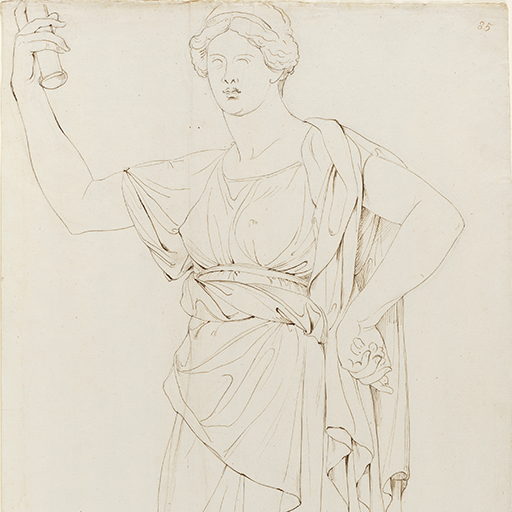 Drawing of a standing female figure, identified as a study of a cast of an Hellenistic sculpture known as 'Juno'. Inscribed upper right (handwritten in ink): '85', and to lower left (handwritten in pencil: 'NB The Girdle / under ye Breasts / to be a little higher', and to lower right: 'French Acady. 31st March / 1775'. Also inscribed along pedestal (handwritten in ink): 'Juno'. Made by Joseph Wright of Derby (1734 - 1797), 1775. Pen and ink over pencil on laid paper. Displayed in a cream window mount.