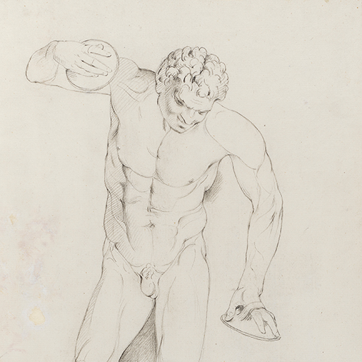 A drawing of a nude, male figure dancing, identified as the 'Dancing Faun (or Satyr)', after a cast from the Antique sculpture at the Uffizi Gallery, Florence. The figure is standing, with his right foot on a ‘scabellum’ (a foot-clapper). He holds cymbals in each of his hands. Inscribed on recto, along the pedestal of the sculpture (handwritten in pencil): 'F. Academy 22 April - 74 / Rome' and in the top right corner (handwritten in ink): '36'. Lower right corner creased. Made by Joseph Wright of Derby (1734 - 1797), 1774. Pencil on paper. Displayed in a cream window mount.