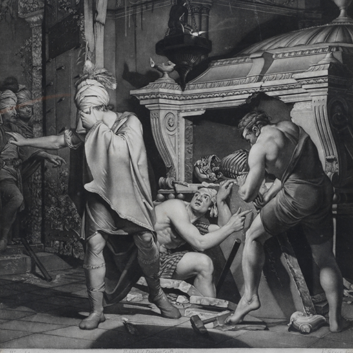 Mezzotint-engraving and etching after Joseph Wright (1734-1797). 'Miravan' The scene from 'An History, Miravan, a young Nobleman of Ingria, Breaking Open the Tomb of his Ancestors in Search of Wealth' The subject of this dramatic painting was drawn from John Gilbert Cooper’s Letters Concerning Taste (1771), a contemporary book of stories which related to the judgement of beauty and utility in the arts. Wright transcribed the story of Miravan into his account book, using it as a point of reference for the completion of his picture: “There dwelt a young Nobleman…named Miravan, who was blessed with health, wit, and beauty…which for some years he enjoy’d with the most uninterrupted satisfaction, till one day walking among the tombs of his ancestors, he observ’d upon one of them the following inscription almost erased by time; ‘in this tomb is a greater treasure than Croesus ever possessed.’ Inflamed…with the very lust of avarice, he caused the pond’rous and marble jaws of his ancestor’s sepulchre to be opened…he was struck speechless with disappointment to behold nothing but a heap of bones…with this inscription: Here would have dwelt eternal repose a treasure which Croesus never possessed which thou hast driven hence being excited by an insatiable love of gold.” Bottom left hand corner 'Jos Wright Pinxit', bottom centre 'Published Decem 18th 1772 by J Boydell, Cheapside', bottom right hand corner 'V Green fecit'; condition : very good - some surface scratches and fade mark along lower edge; sheet height 51.5mm sheet width 62mm, plate height 50.7mm plate width 36mm, image height 46.2mm image width 35.7mm; 'Miravan at the Tomb of his Ancestors'. Made by Valentine Green (1739-1813). Mezzotint-engraving and etching. Paper