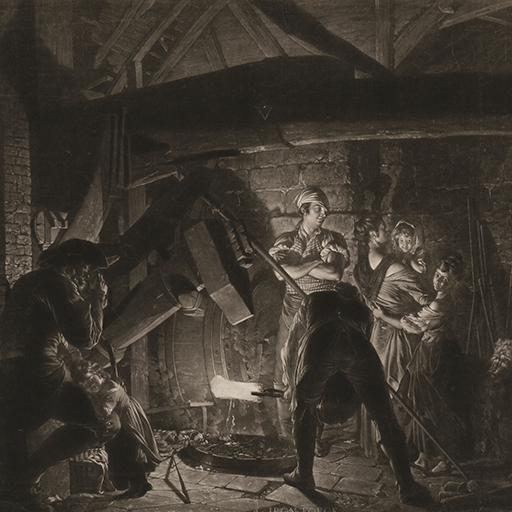 Mezzotint-engraving after Joseph Wright of Derby (1797-1734) 'An Iron Forge'. the interior of an iron forge with water-powered hammer. There are two blacksmiths, one working and the other with a family, a lady with three children and a dog. There is an elderly gentleman sat leaning on a staff with one of the children at his side. Inscribed: bottom centre 'An Iron Forge', bottom right hand side 'Jo Wright pinxt 1772' and 'Rd Earlom fec' and 'J Boydell excudit Jan 1 1773'. Made by Richard Earlom (1743-1822). Mezzotint-engraving and etching. Paper.