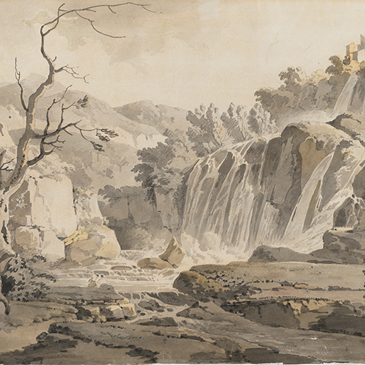 Drawing of a landscape with a waterfall, identified as the 'falls of Tivoli', Rome. To the left is a bare tree. To the right, perched high above the waterfall, are buildings.
Inscribed on verso, to top right corner (handwritten in ink): 'T G 1798'; verso, upper right (handwritten in pencil): 'By Mr Wright'; verso, lower centre (handwritten in pencil): 'The Hon'ble Mrs W E Griffiths'. Made by Joseph Wright of Derby (1734 - 1797), c.1786. Ink and watercolour washes over pencil on laid paper. Displayed in a cream window mount.