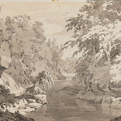 Study of a landscape with a river, identified as a view in Dovedale, Derbyshire. Inscribed on verso (handwritten in ink): 'T G 1798'. Made by Joseph Wright of Derby (1734 - 1797), c.1786. Ink wash over pencil on laid paper. Displayed in a cream window mount.