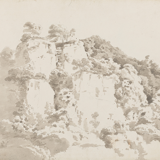 Drawing of a landscape featuring what appears to be a limstone tor. Inscribed on the verso (handwritten in ink): 'T G 1798'. Made by Joseph Wright of Derby (1734 - 1797), c.1783-1787. Ink washes over pencil on laid paper. Displayed in a cream window mount.