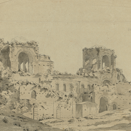 Drawing of ruins, identified as a study of a sketch of the ancient walls of Rome made by Joseph Wright of Derby. Inscribed on recto, to upper right (handwritten in pencil): 'Walls of Rome, From a sketch of Mr Wright', and on the verso (handwritten in ink): 'Ancient Walls of Rome - / from a Sketch of Mr. Wrights - Augst. 17th - 1782 -'. Made by an unknown artist, after Joseph Wright of Derby (1734-1797), 1782. Ink washes over pencil on laid paper. Displayed in a cream window mount.
